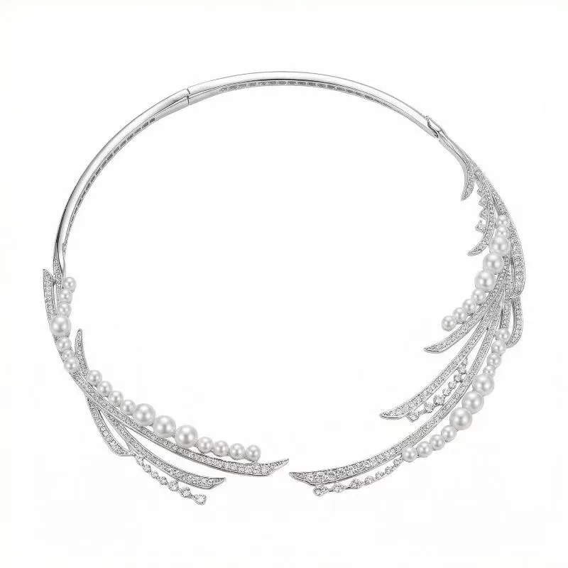 

Bellux Unique Design Original Torques 925 Silver Synthetic Full Diamond Pearl Feather Necklace Earrings Fine Jewelry Set