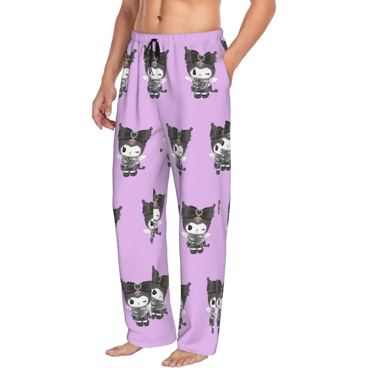 Custom Printed Men Kuromi With Winglet Pajama Pants Comic Sleepwear Sleep Lounge Bottoms with Pockets