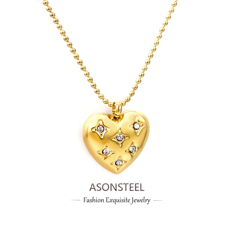 ASONSTEEL Trendy Heart Cubic Zirconia Pendant Necklace For Women Golden Stainless Steel Metal Stylish Choker Valentine's Gift