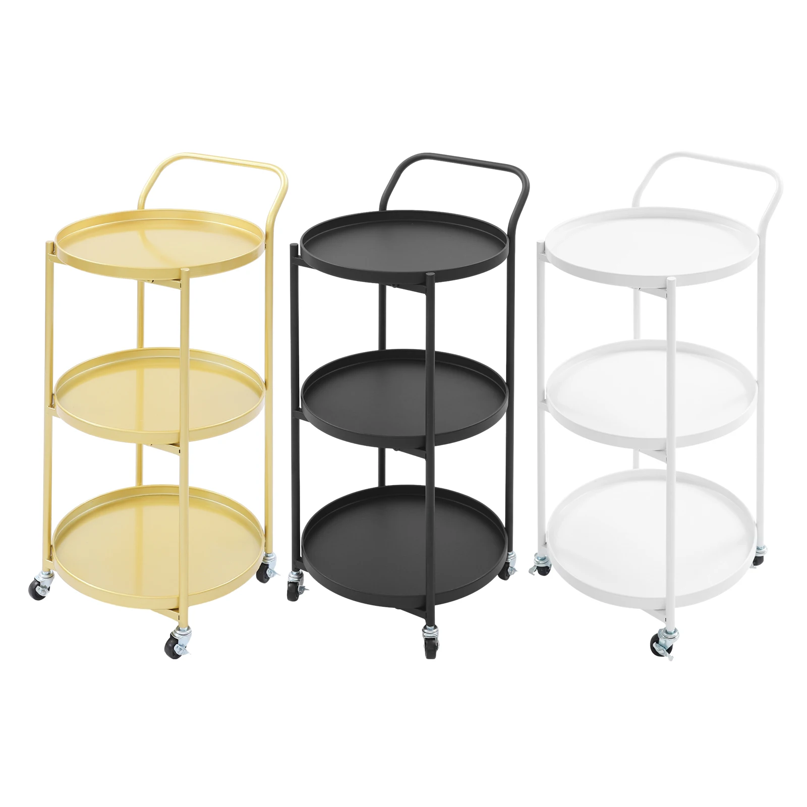 عربة تقديم بإطار معدني مستدير من 3 طبقات باللون الذهبي/الأسود/الأبيض للمطبخ، وغرفة الطعام، وعربة البار الدوارة، وعربة تخزين متنقلة