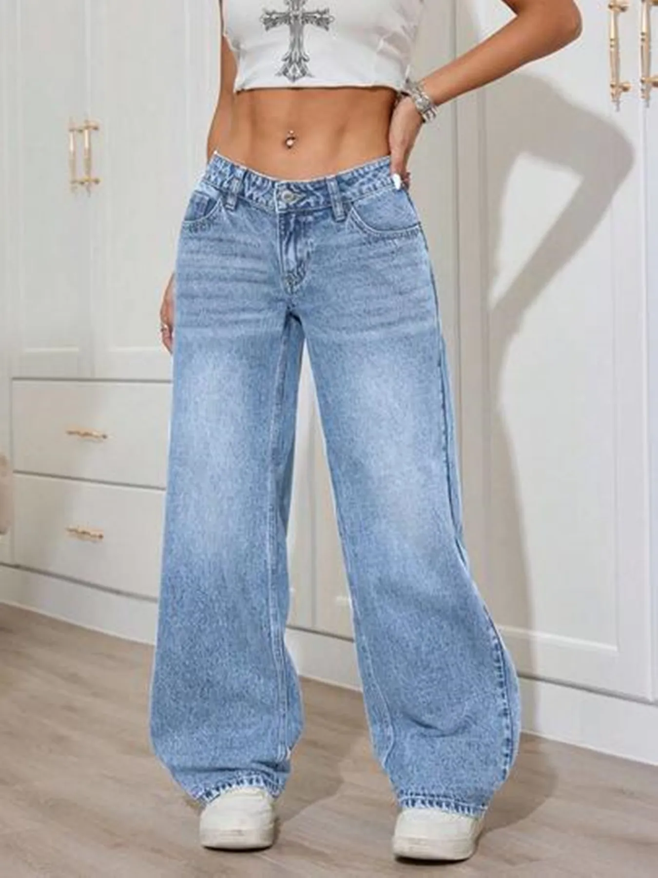 Womens Jeans New Light Blue Washed Loose Wide Leg Trousers Womens Pants Fashion Casual Comfort Fit