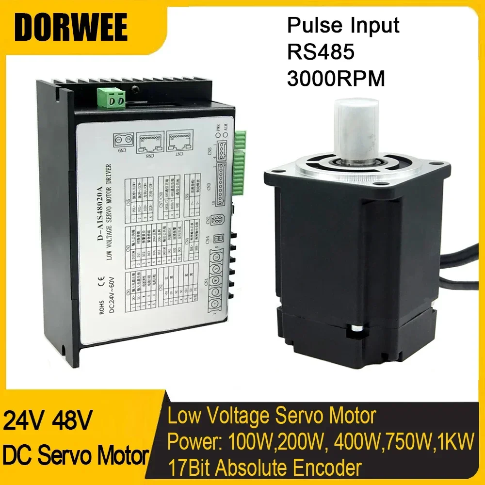 DC Servo Motor Drive kit Low Voltage Servo Motor 400W 750W 1KW 40 60 80mm Flange 0.32-3.2Nm17Bit Encoder RS485 3000rpm 24V, 48V