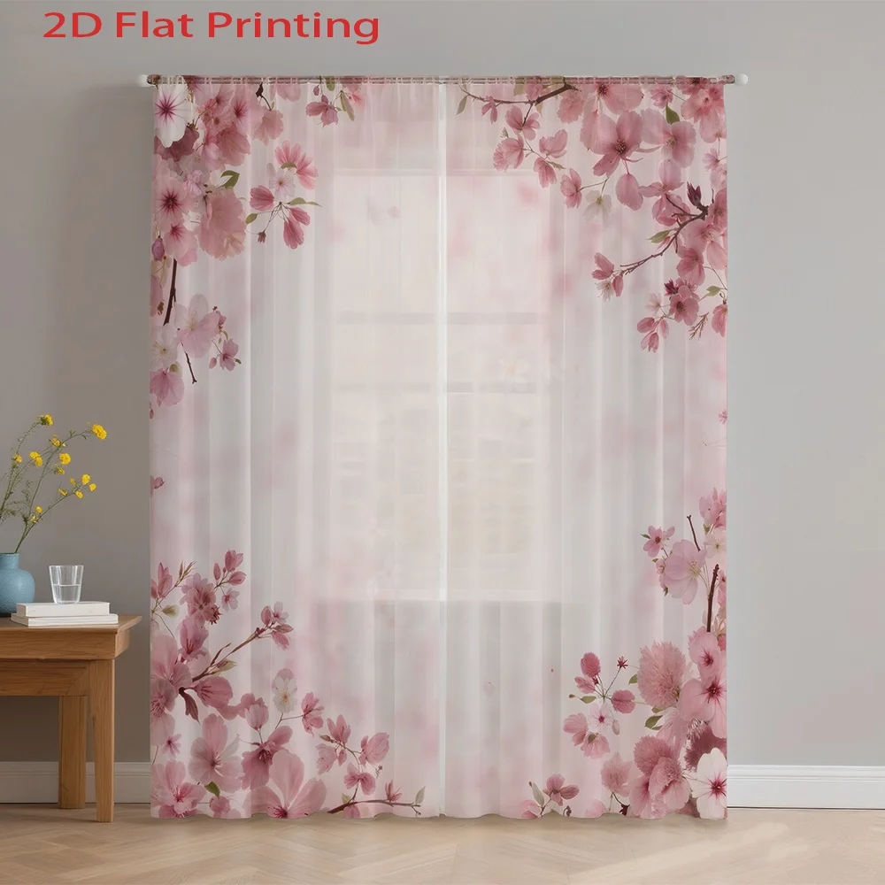 

2D FLAT 2pcs Sheer Curtains Pink Cherry Blossom Floral Pattern Rod Pocket Window Drapes, Filtering Panels for Bedroom Living Roo