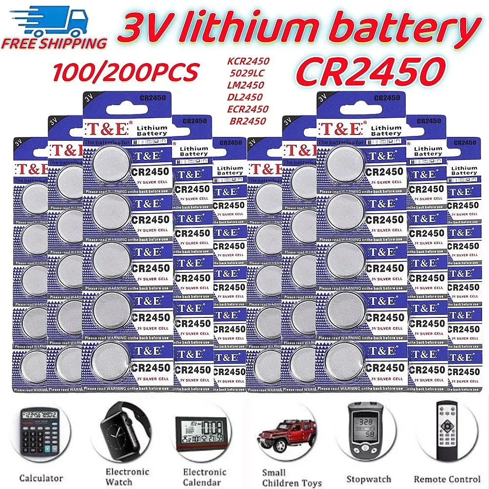 100PCS CR2450 Battery 3V Lithium Battery KCR2450 5029LC LM2450 DL2450 ECR2450 BR2450 For Watch Car Key Remote Button Coin Cells