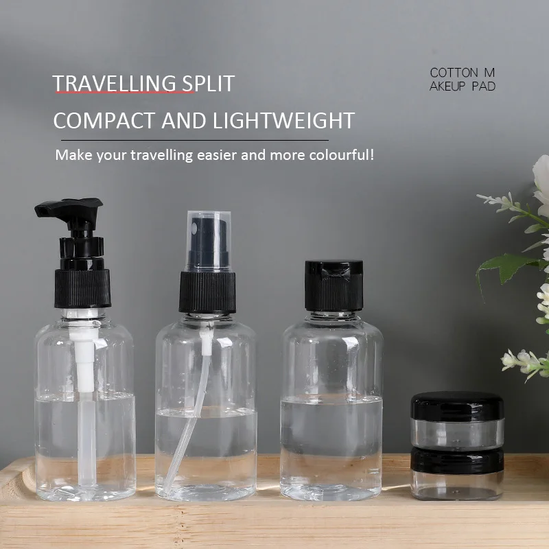 トラベルスプレーボトルセット,ローションクリームボトル,ポンプディスペンサー,黒,トイレタリー,7個