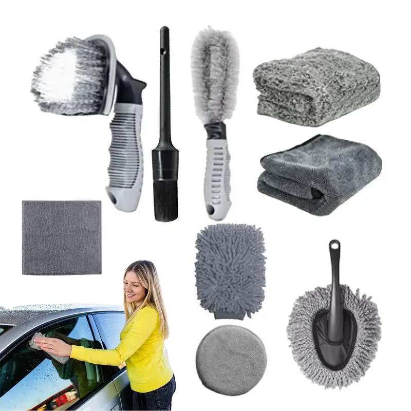 Car Detailing Brush Kit 9pcs Car Wash Cleaning Kits  Microfiber Towels Brush Sponge Polish pad Auto Detailing Washing Tools