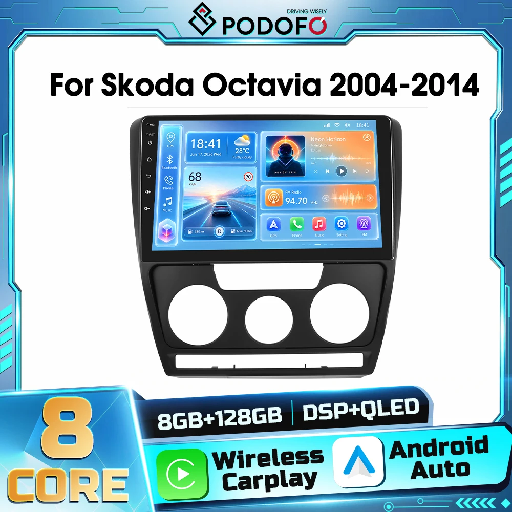 Autoradio Android 2DIN Podofo per Skoda Octavia 2004-2014, con Carplay Wireless, Navigazione GPS, Android Auto, WIFI, DSP, Ricevitore FM, RDS, Bluetooth