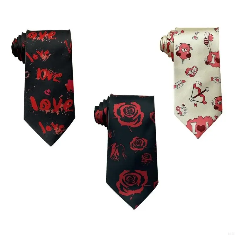 

B95F Valentines Day Gift Rose And Bear Necktie for Men Polyester Silk Formal Long Tie