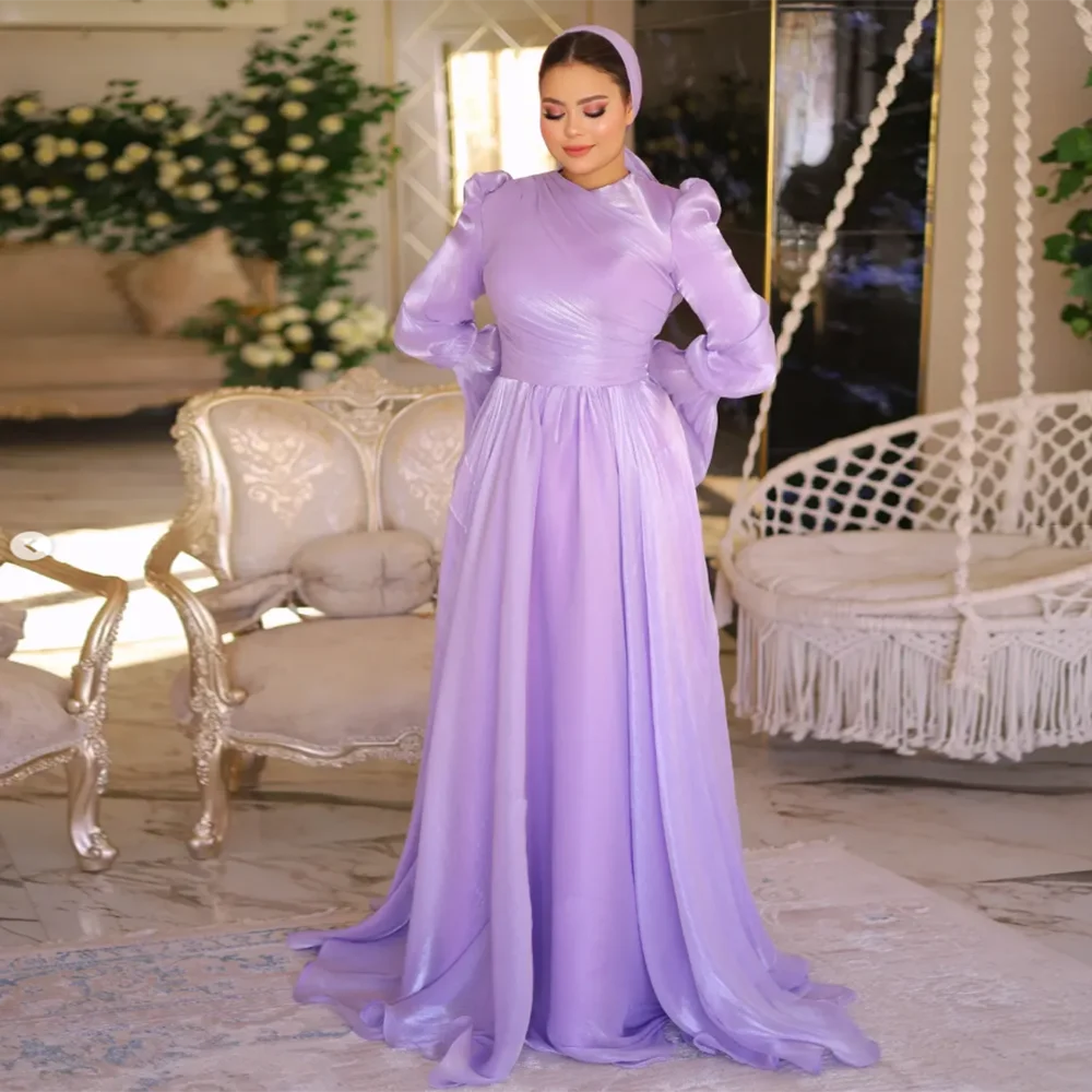 

Customized Modern lavender Muslim Evening Dresses O-neck Full Sleeve A-Line organza Long Prom Gown Simple Pleat Sweep Train Dres