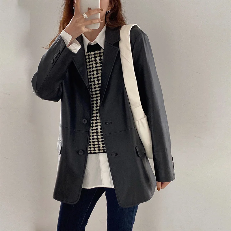 Autumn Genuine Women's Leather Jacket and Winter 2023 New Ins Casual Medium and Length Oversize Sheepskin Leather Suit Coat