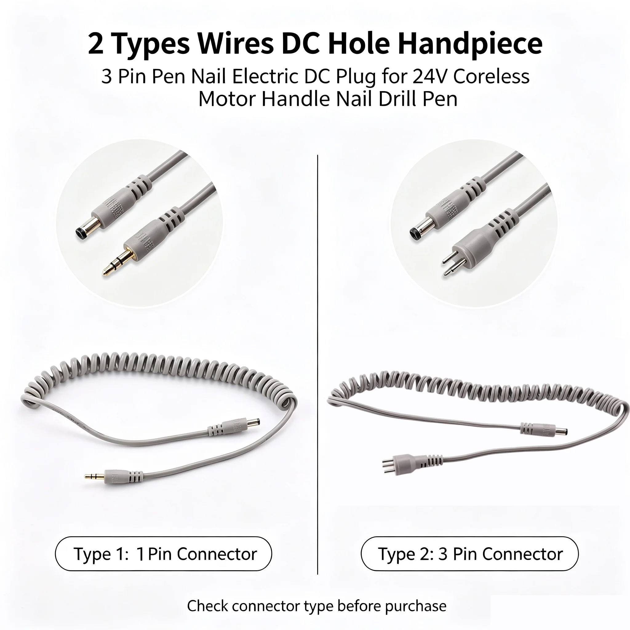 2 Types Wires DC Hole Handpiece  3-pin Pen Nail Electric DC Plug for 24V Coreless Motor Handle Nail Drill Pen
