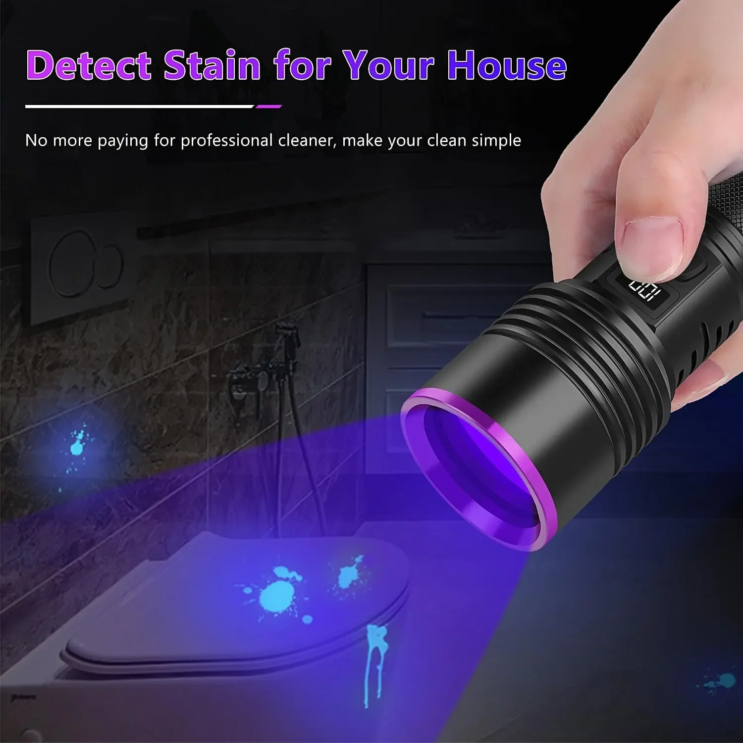 USB Rechargeable 1365nm UV Flashlight LCD Display Blacklight Powerful Ultraviolet Light for Pet Urine Detection