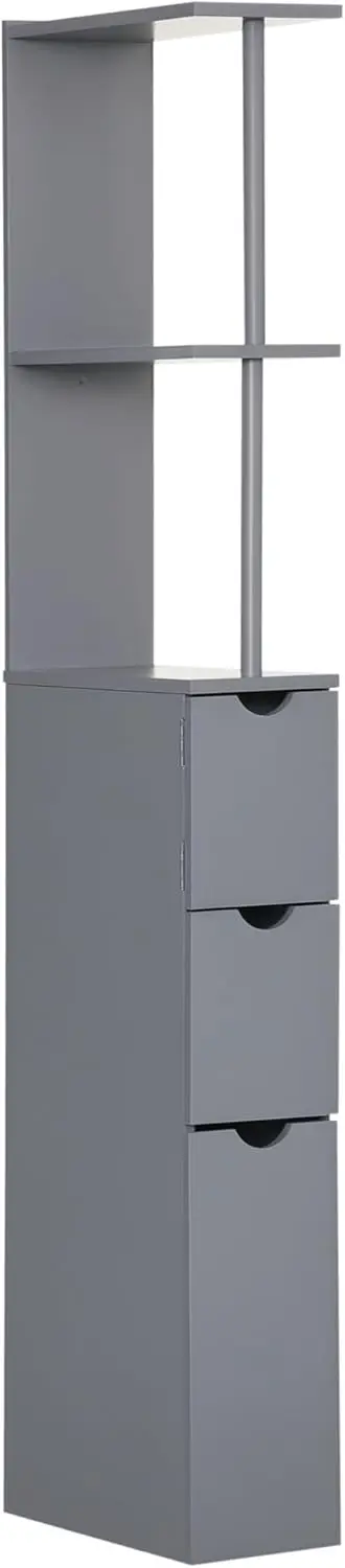 

54" Tall Bathroom Storage Cabinet, Freestanding Linen Tower with 2-Tier Shelf and Drawers, Narrow Side Floor Organizer, Grey