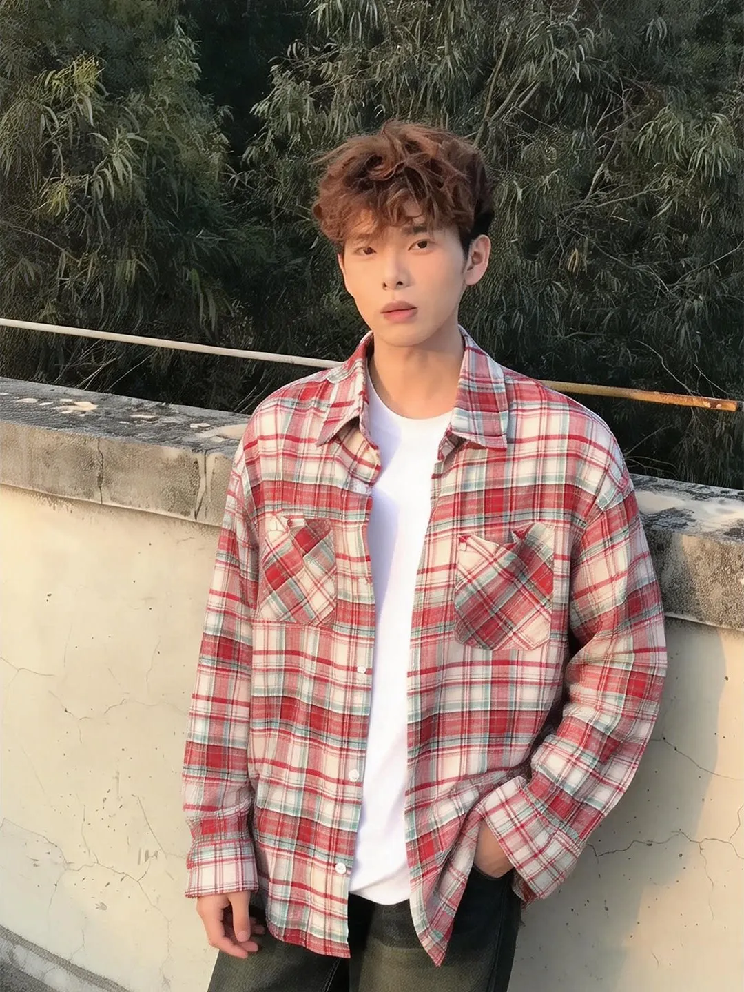 

Red Plaid Long Sve irt Men's Spring Loose Fit Youthful Sle Cleanfit Jaet Ciwalk Outdoor American Sle Button up