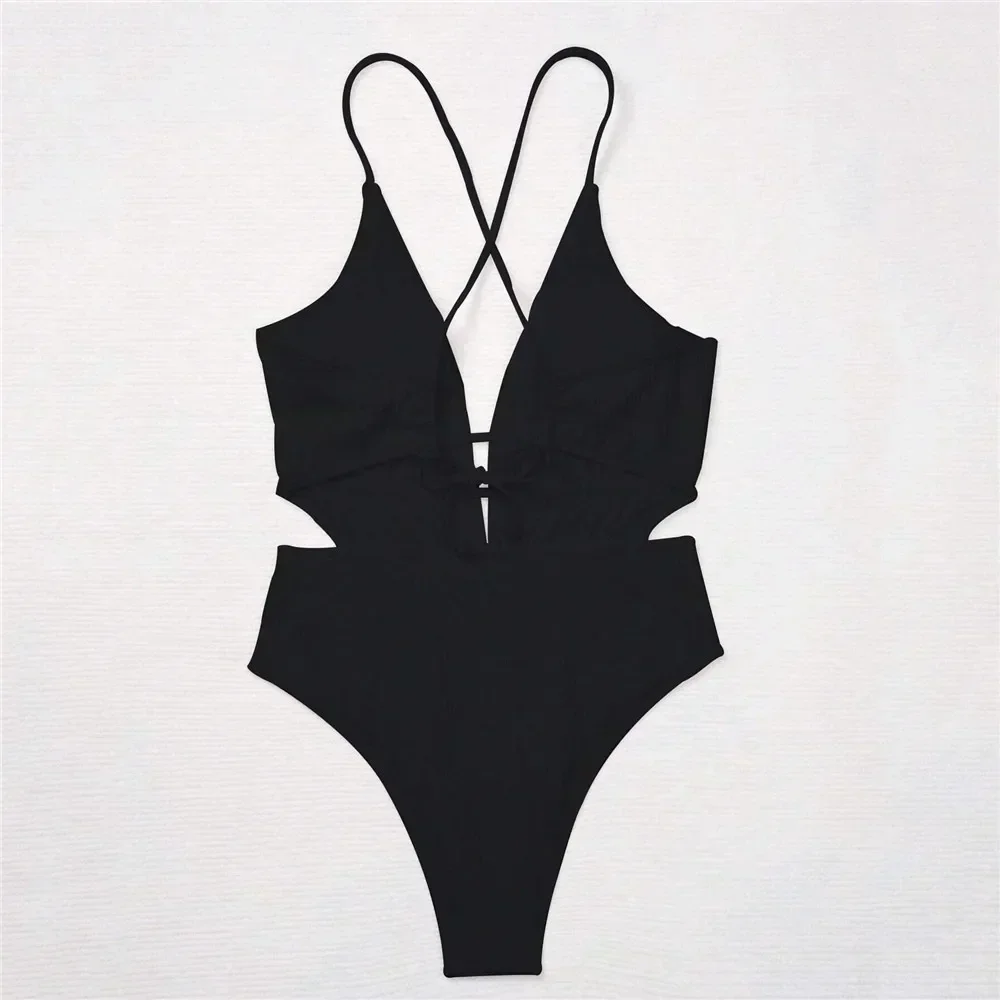 Sexy Black Ribbed Backless Swimwear Woman 2025 One Piece Swimsuits String Cross Swimming Wear Bathing Suit Bathers Bodysuit image 5