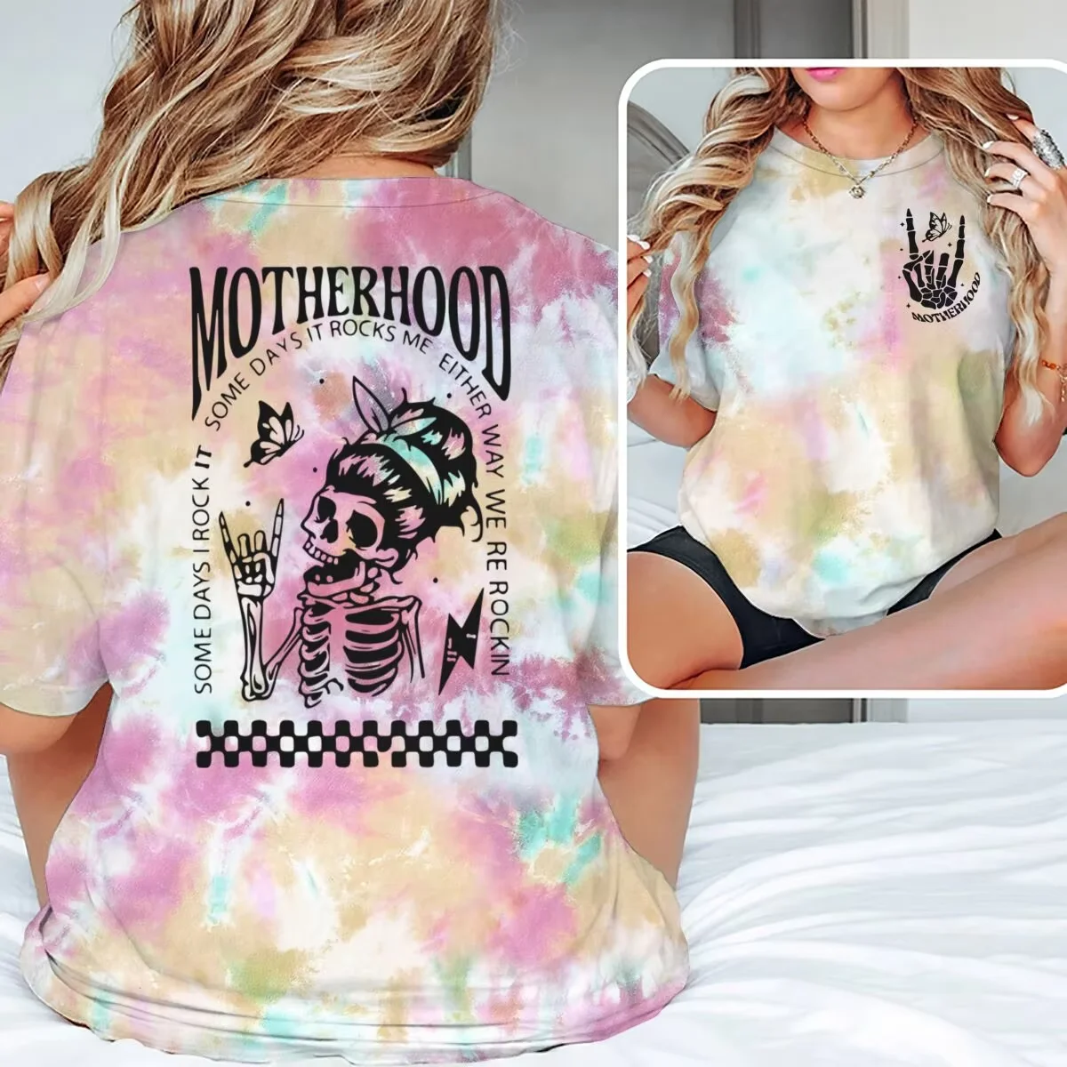 

Funny Motherhood Skeleton T-Shirt Double Sided Print Mom Life Graphic Women Casual Tee Funny Mom Life Quote Printed T-shirts