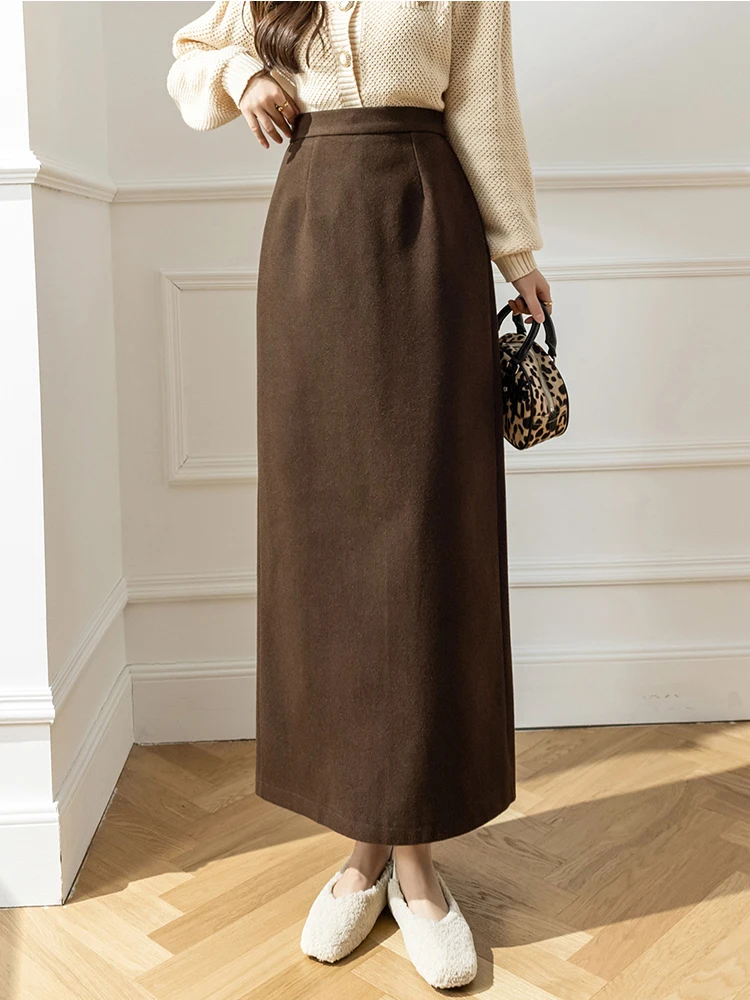 

Retro High Waist Long Winter Skirts For Women Vintage Solid Bodycon Split Wrap Wool Skirt Straight Black Brown Faldas Largas