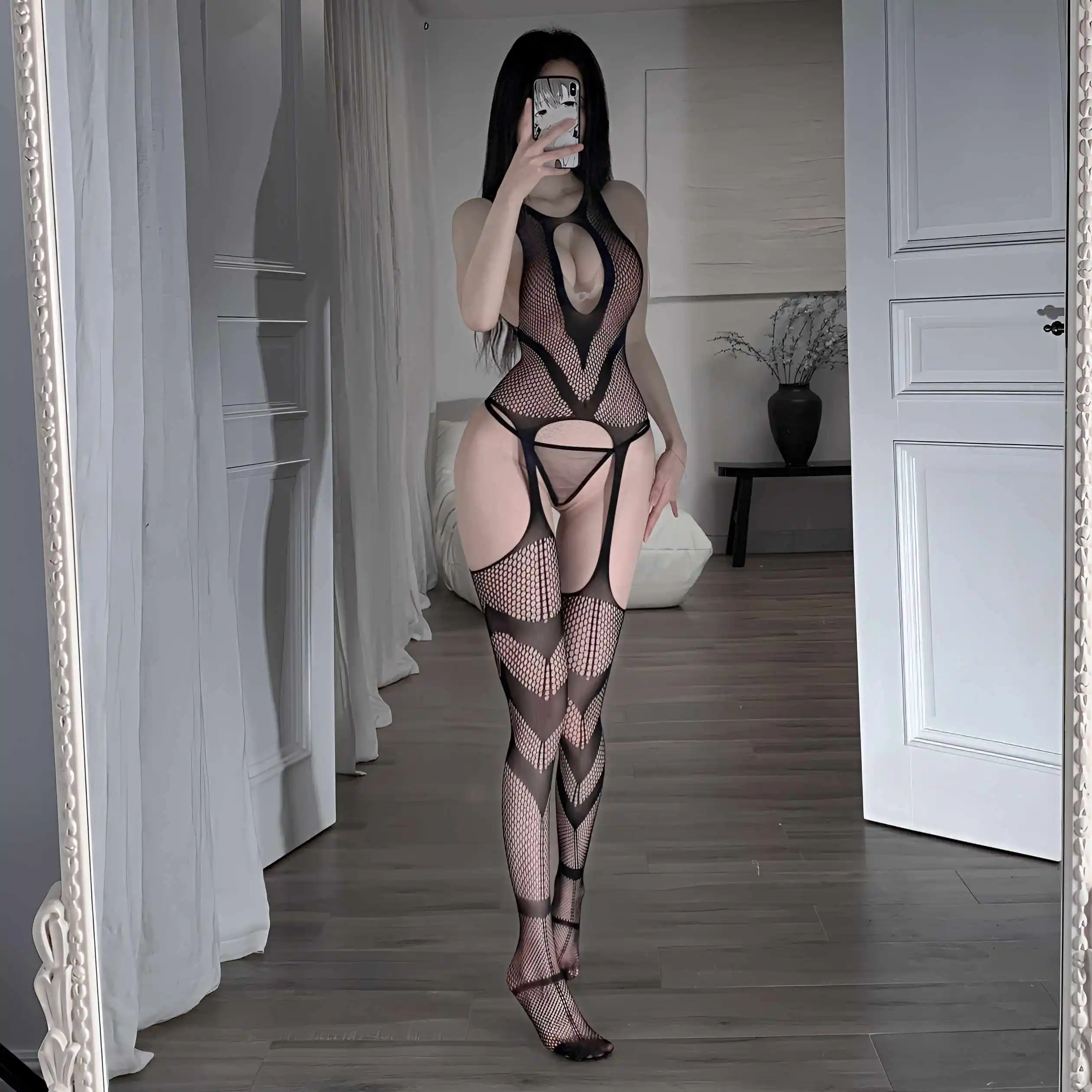 Groot Formaat Samengevoegde Visnet Kousen Open Gesneden Borst Bodystocking Seksspeeltjes Damesondergoed Babydoll Jarretel Kousen