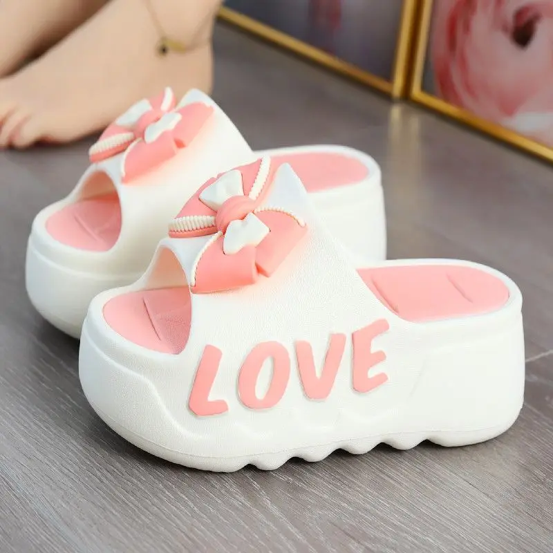 2025 New 7 cm high heel slipper women's outdoor slides sweet backless beach shoes woman wedged platform mules elevator slippers