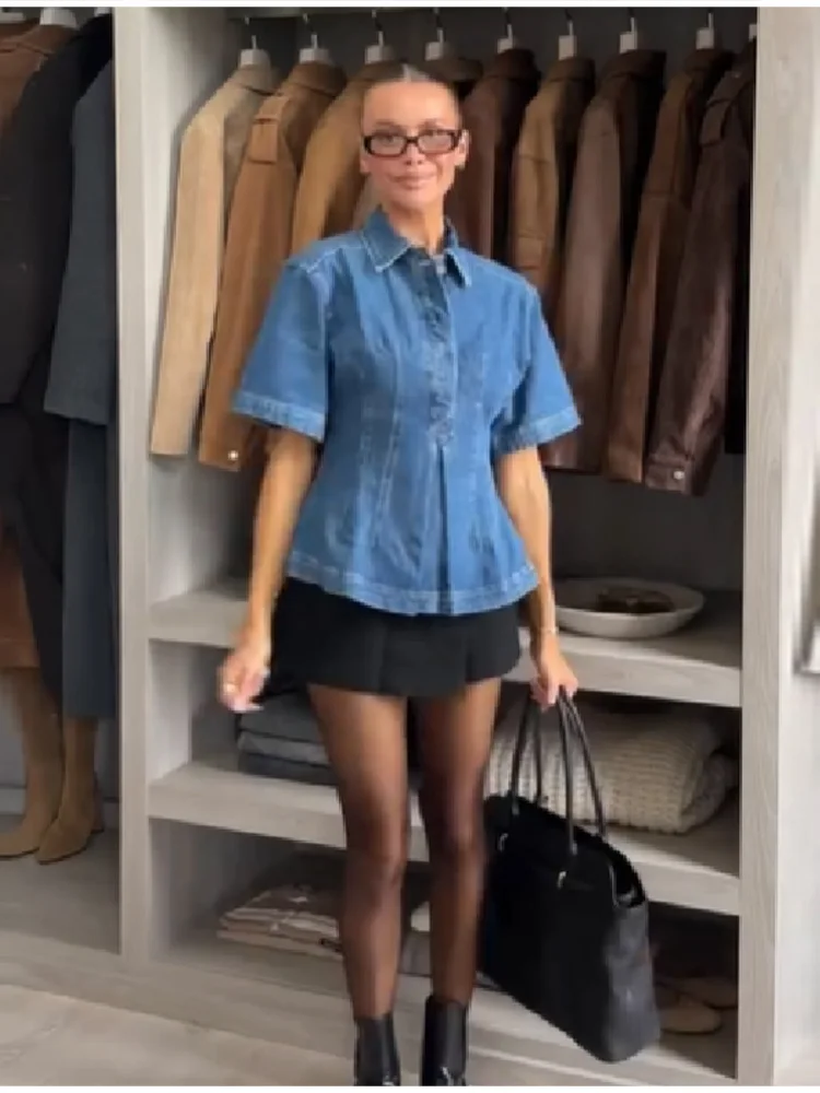 

Женская джинсовая блузка с коротким рукавом, приталенная, с отложным воротником, на одной пуговице, приталенный крой, новинка весна-лето 2026, женское пальто