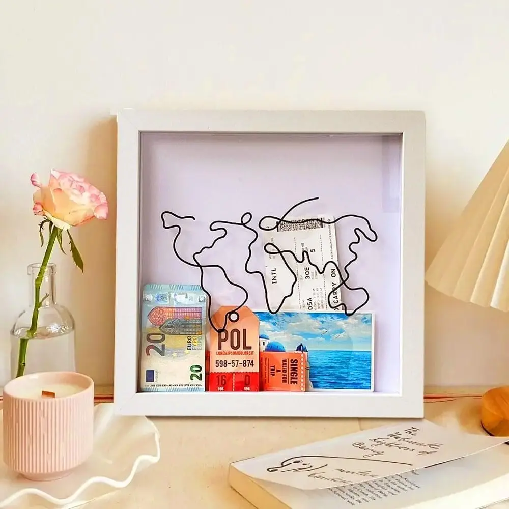 Adventure Archive Box Ticket Shadow Box with SlotMemory Boxes for Keepsakes Ticket Holder with World Map and Plane Design