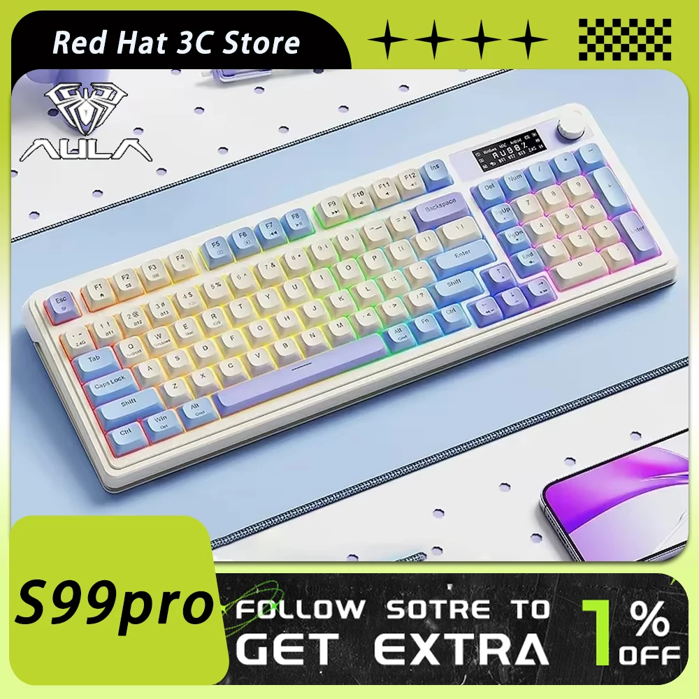 

Aula S99pro Keyboard Three Mode Wireless Gaming Keyboard RGB Multifunctional Knob Smart Screen Ergonomics PC Gamer Accessory Mac