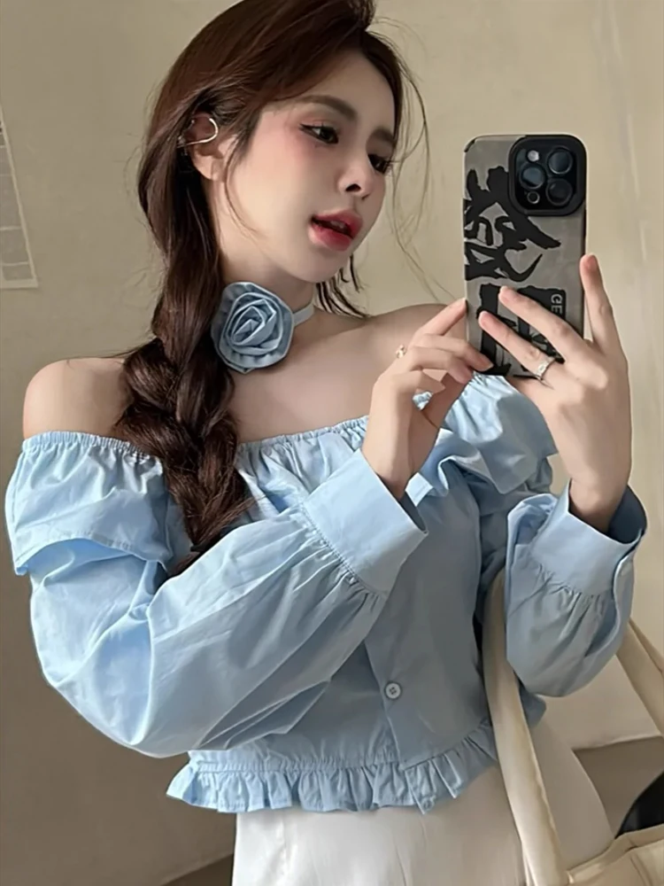 Women Korean Vintage Fairy Core Mori Girl Shirts 2000s Aesthetic Long Sleeve Slash Neck Blouses Romantic Crop Top Ballet