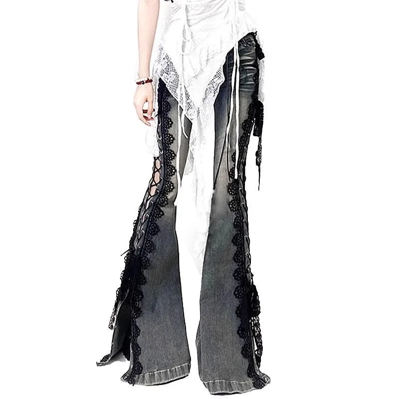 American Retro Subculture Lace Strap Split Jeans Spicy Girl 2026 Summer Streetwear Bell Bottom Jeans Slim Fit Flare Pants New