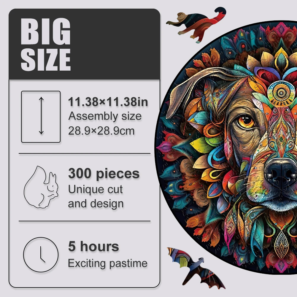 Animals Wooden Puzzle For Adults Mandala Dog Puzzles Round Shaped Jigsaw Puzzle Wood Crafts Toys For Family Games Gift For Kids