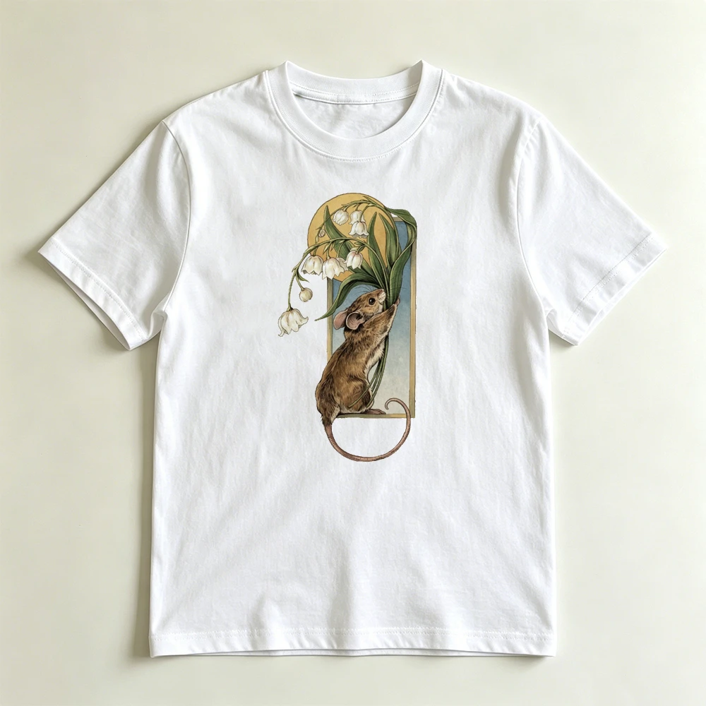Vintage Mouse and Lily of The Valley Graphic T Shirt Women Summer Art Nouveau Print Tee Cute Animal Floral T Shirt