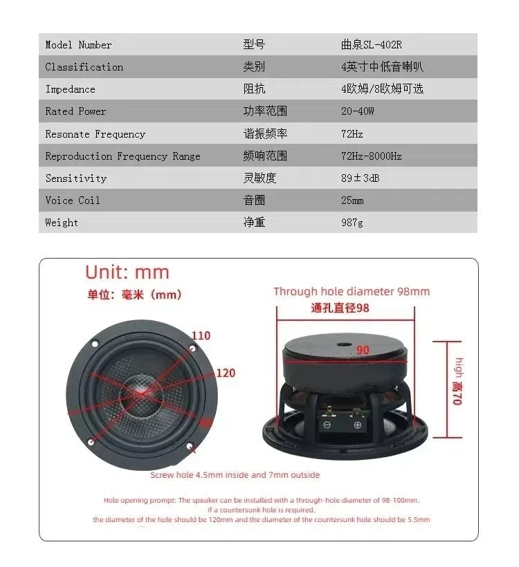GHXAMP 4-Inch 120mm Carbon Fiber Mid-Bass Woofer – High Power Hi-Fi Sound for Home Theater & Car Audio Upgrade 72HZ-8000HZ 1PC