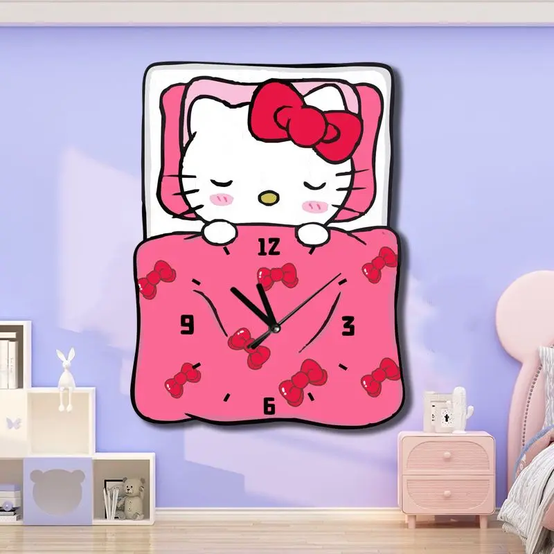 Sanrio Hello Kitty Wall Clock Cartoon Kuromi Cinnamoroll Wooden Wall Hanging Clock Kids Bedroom Porch Living Room Decor Clock