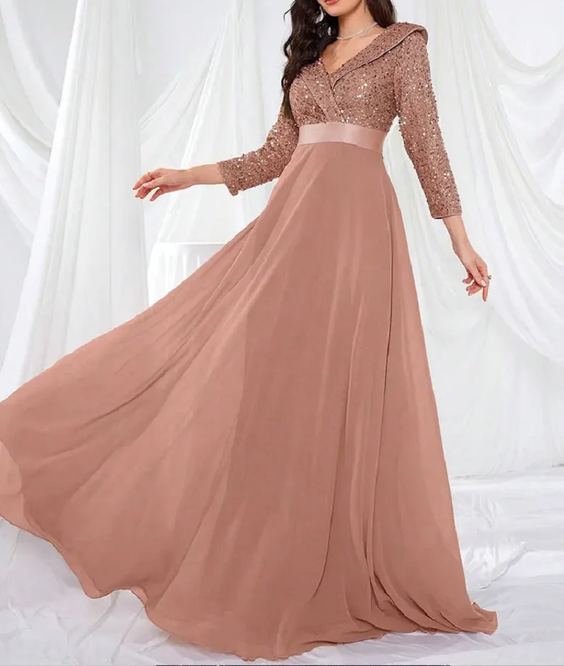 

Long-sleeved V-neck shiny chiffon floor-length evening dress autumn shiny bridesmaid evening dress Prom Gown