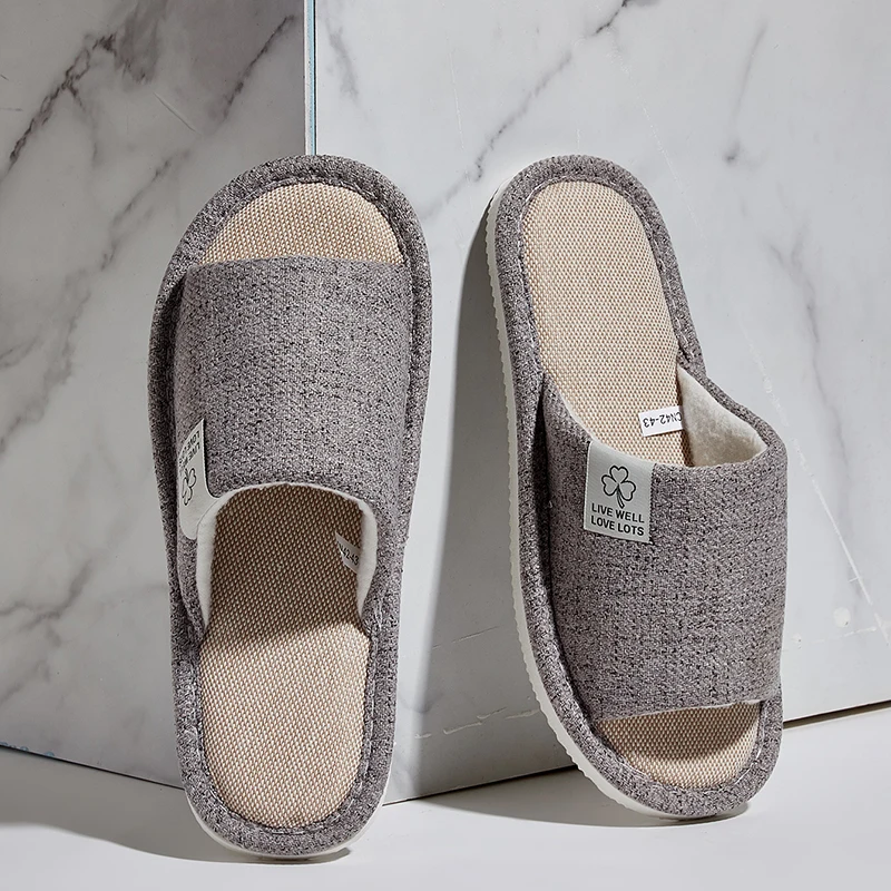 Men's Linen Slippers Breathable Open-Toe Non-Slip House Shoes, Lightweight & Quiet Slides for All Seasons, Guest Indoor Slippers