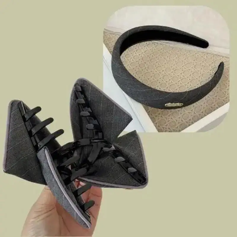 

Girl Grey Striped Headband Elegant Hair Claw Large Square Scrunchies Elastic Hair Bands Ponytail Holder Thick Hair Hoop Headwear