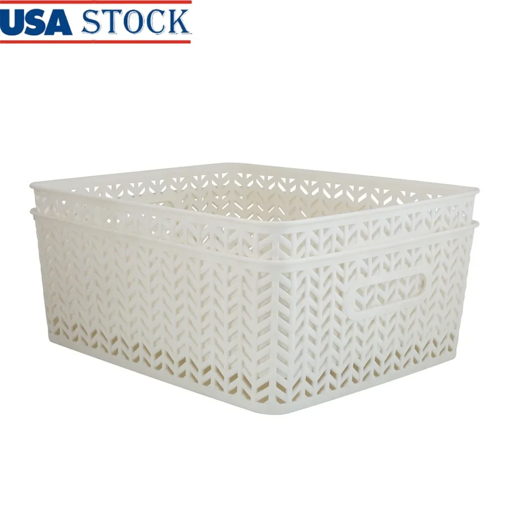 

2 Pack Herringbone Plastic Storage Baskets with Open Handles Lightweight Organizational Storage Bins Home and Office 13.78 x