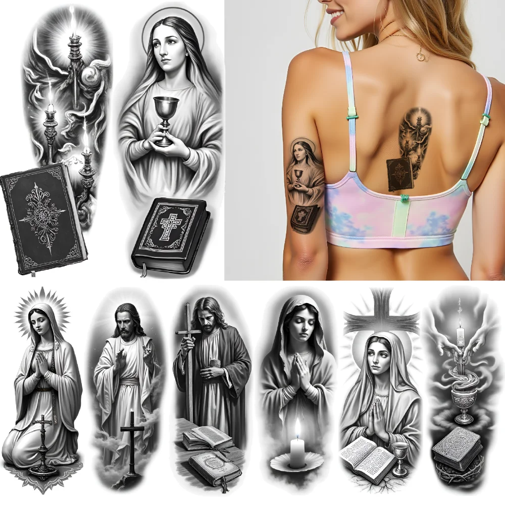 3pcs Temporary Tattoo Candle Realistic Temporary Tattoos Book Cross Waterproof Long-lasting Body Stickers Praying Figures For