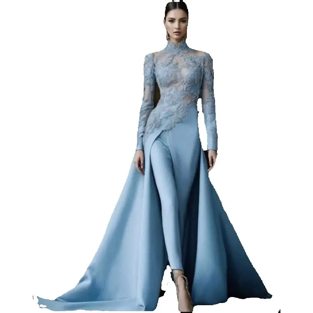 New Arrival Luxury Blue Women Prom Dresses Full Sleeves Floor Length A-Line Sexy Illusion Slim Fit Elegant Evening Party Gowns