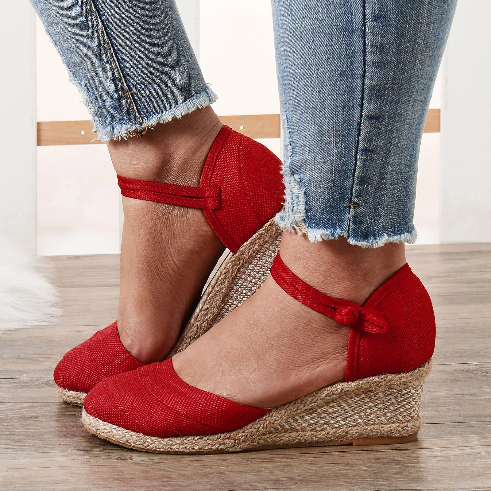 

Sandals Women Braided Espadrille Knot Button Ankle Strap Wedge Sandals Linen Wedge Summer 6cm Heel Platform Espadrilles Shoes