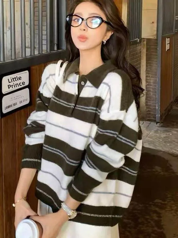 Retro Korean Style Striped Knitted Sweater Loose Lazy Style Autumn Winter Versatile Overhead Knitted Top Trendy Turn-down Collar