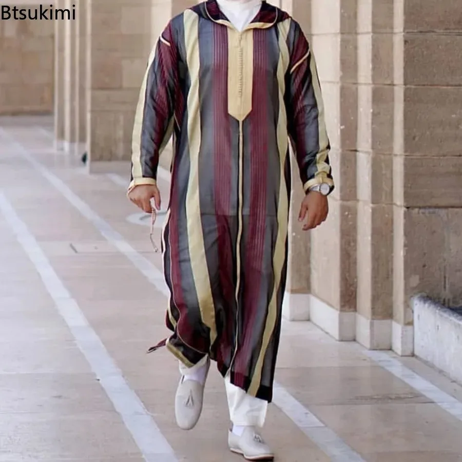 Nuovo Musulmano Jubba Thobe Vestiti Da Uomo Con Cappuccio Ramadan Primavera Autunno Abaya Dubai Turchia Abbigliamento Islamico Maschile Casual Allentato Striscia Rossa