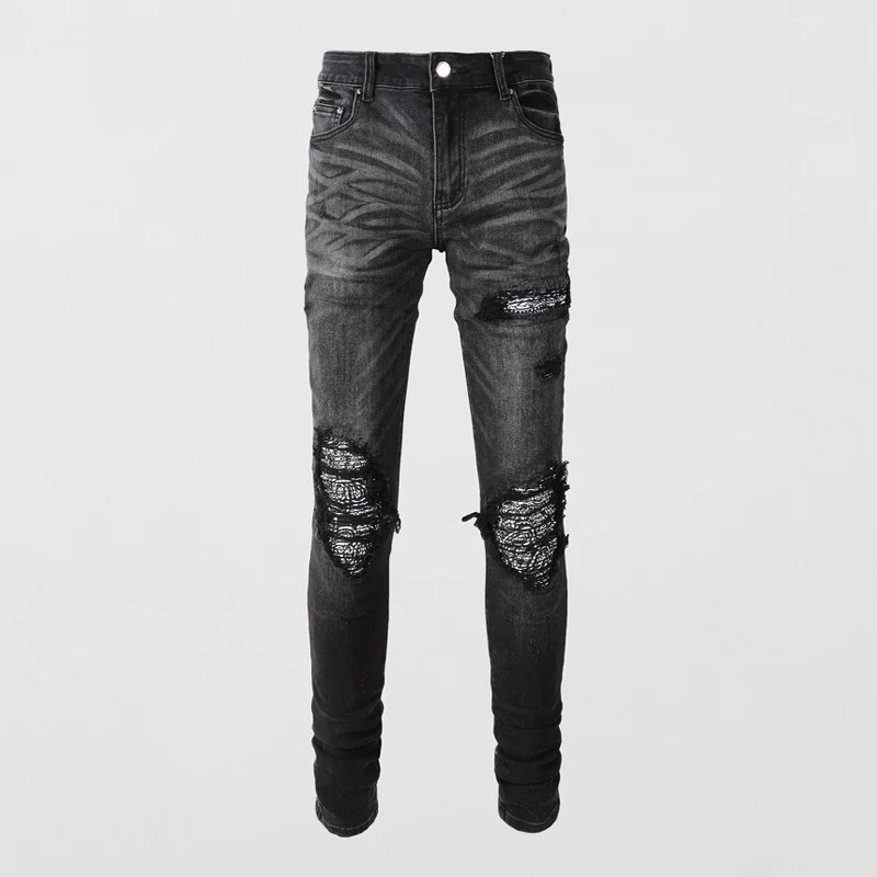 Y2K Street Fashion High-Waisted Black Jeans Perforated Patch Designer Hip Hop Brand Washed Nostalgic Pants for Trendsetters