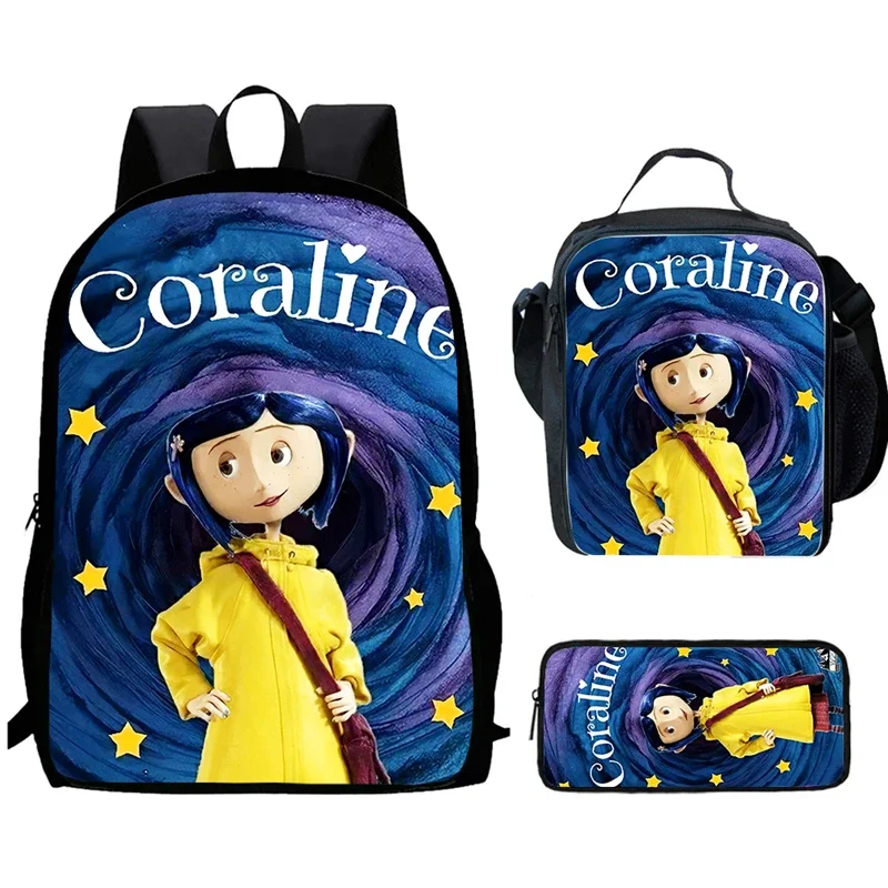 3Pc Set Co-ra-line Cartoon School Bags Child Backpacks with Lunch Bag Pencil Case,Large Capacity Bookbags for Pupil Students