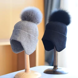 Fashion Thick Warm Ear Cap For Women Autumn Winter Rabbit Fur Knitted Beanies Hat With Detachable Real Fox Fur Pom Poms