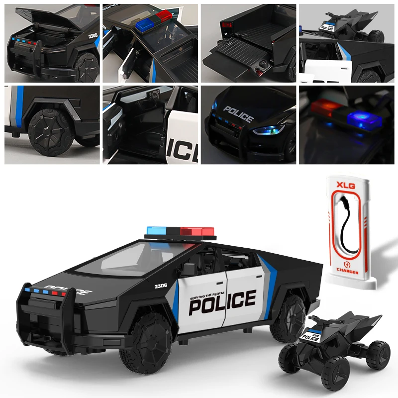 1:24 نموذج الشرطة Y نموذج 3 Cybertruck نموذج X نموذج S رودستر دييكاست سبيكة معدنية نموذج سيارة ضوء الصوت التراجع دورية الأولاد