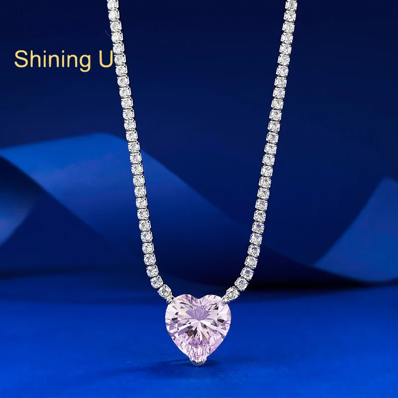 

Shining U S925 Silver 12*12mm Pink Clear Heart High Carbon Daimond Gems Necklace Fine Jewelry Wedding Anniversary