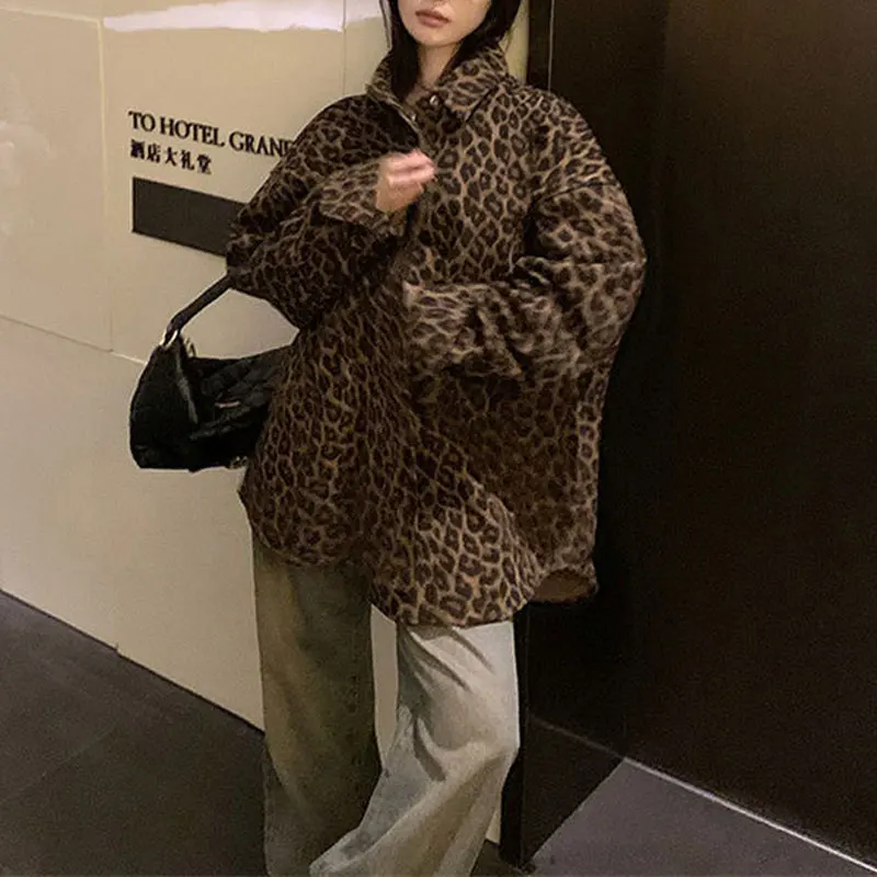 American Retro Leopard Midi Coats 2025 Autumn Winter Long Sleeve Women's Clothing Turn-down Collar Casual Loose Hotsweet Jackets