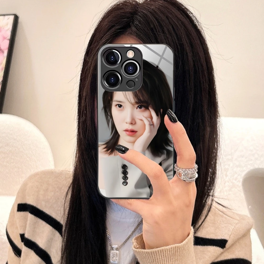 KPOP IU Lee JiEun Mobile Cell Phone Case for iPhone 15 14 13 12 11 X XR XS 8 Pro Max Plus Mini PC Glass Phone Cover Shell