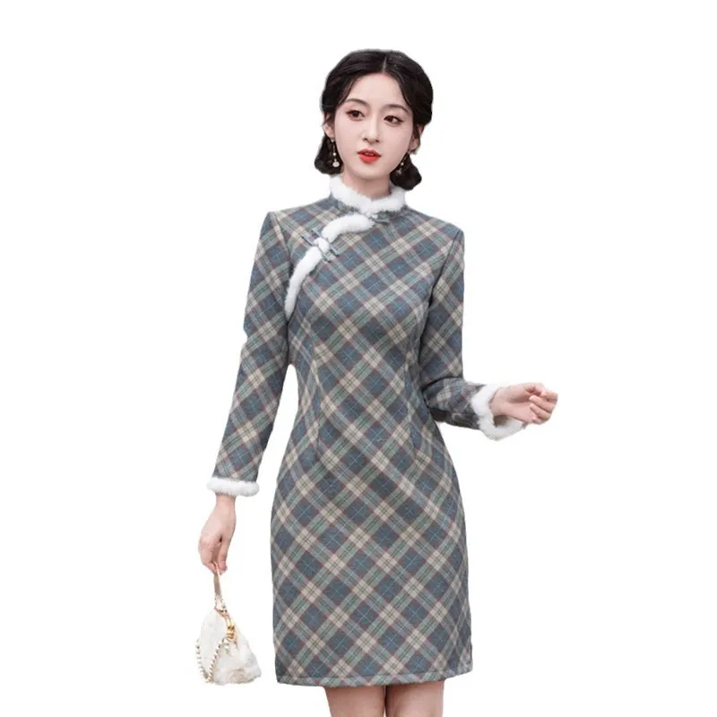 Fashion and Young Girl's Fleece-lined Thickened Manli Velvet Cheongsam Qi Pao Winter New National Style Artistic