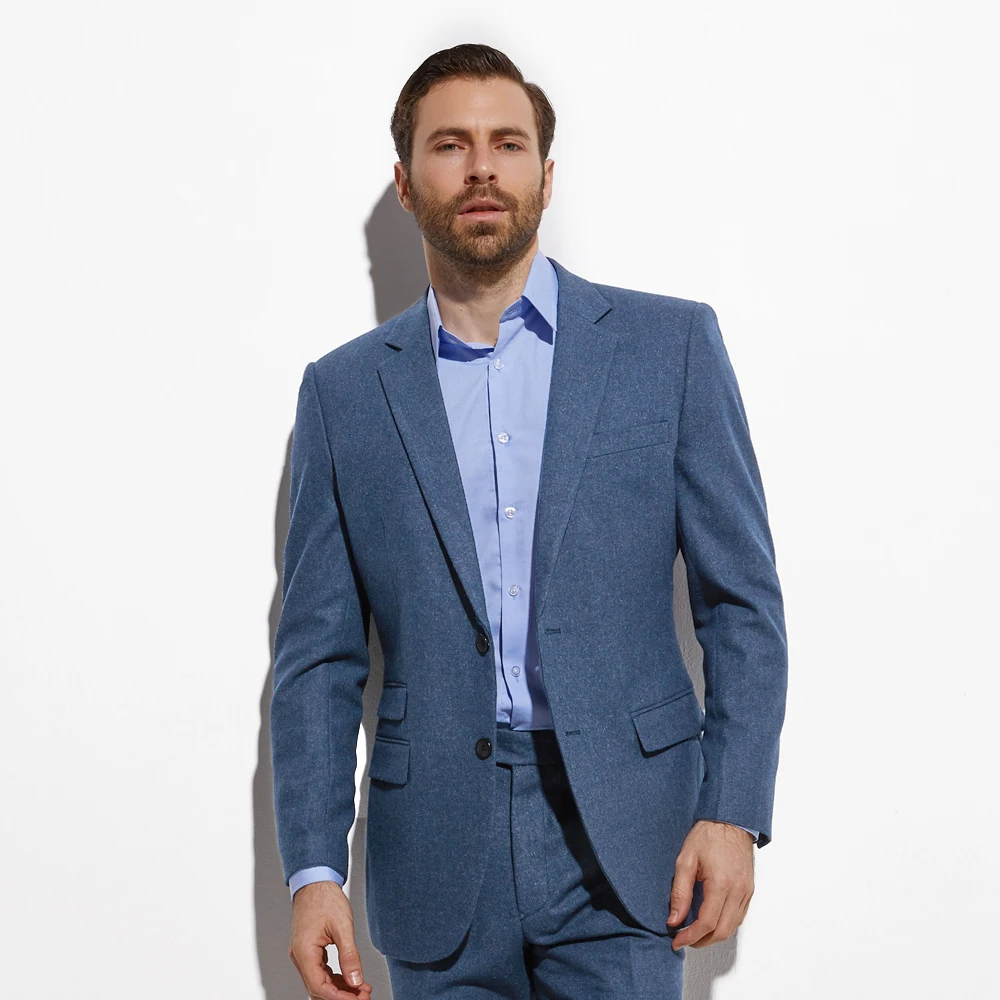 Gorgeous Slim Blue Grey Flannel Suits For Men Custom Made Men Blue Suit Warm Fashion Style Business Suits With Ticket Pocket